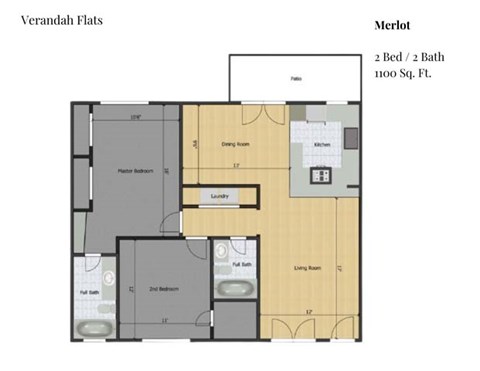Floor plan for 2 beds, 2 baths, 1100 sqft